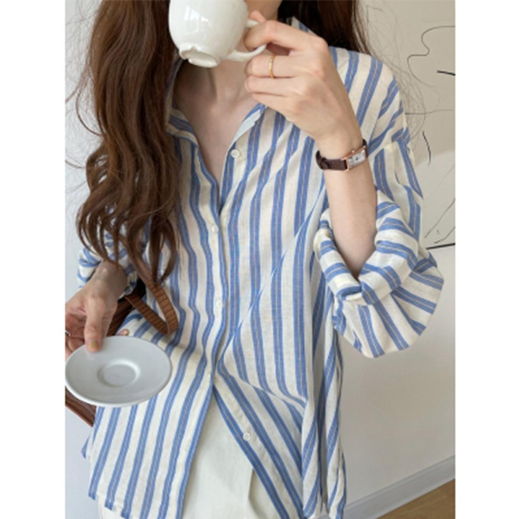 Lune_Graceเสื้อเชิ้ตไซส์ใหญ่แขนยาวลายทาง แนวเกาหลีทรงบอย ฟรีไซส์สีสวยแมชต์ง่าย รุ่นw390