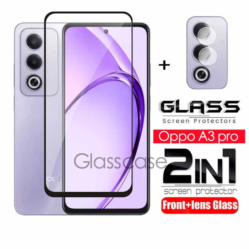 Oppo A3 pro 2 in 1 ป้องกันหน้าจอกระจกนิรภัยฟิล์มสําหรับOppo A3 X pro A3X A3pro OppoA3X OppoA3pro 5G 2024 คลุมทั้งหมดฟิล์มด้านหน้าป้องกันหน้าจอกระจกกลับกล้องเลนส์ฟิล์ม