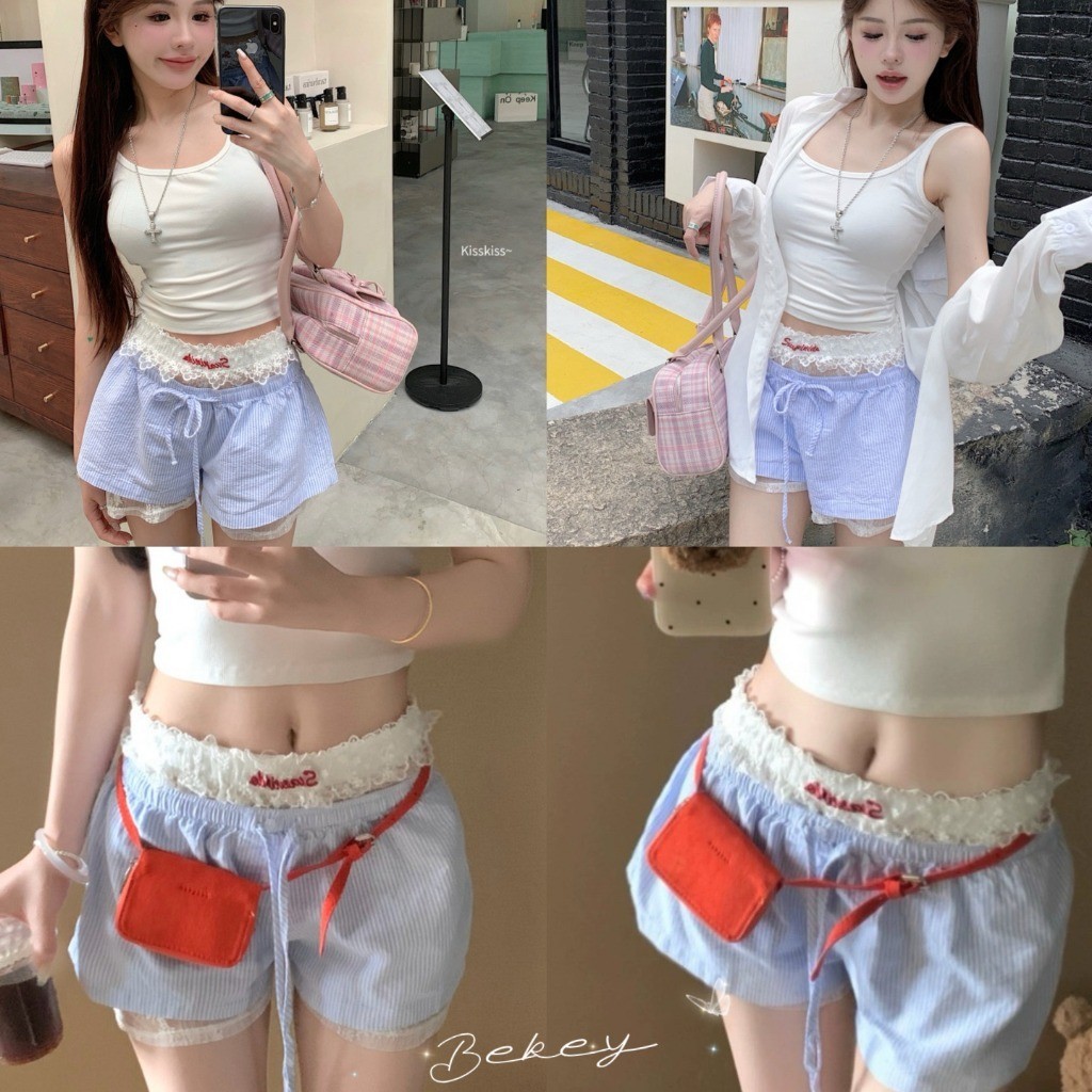 (พร้อมส่งจากกรุงเทพ🇹🇭) กางเกงขาสั้นเอวยางยืดของผู้หญิง กางเกงเลคกิ้งปักลายลูกไม้สีขาว