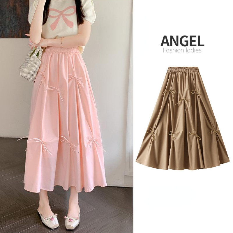 [4 สี]angel แฟชั่นผู้หญิง midi กระโปรงสีทึบเกาหลียืดหยุ่นเอวสูง A-line สีชมพูบางกระโปรงแกว่งขนาดใหญ่กระโปรงยาวสําหรับผู้หญิง