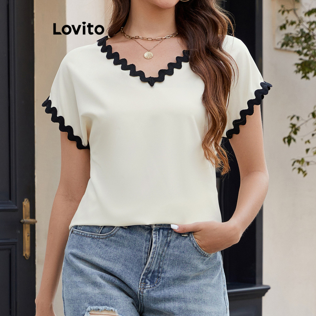 Lovito เสื้อลําลองเสื้อคอระบายธรรมดาสําหรับผู้หญิง LBL19435