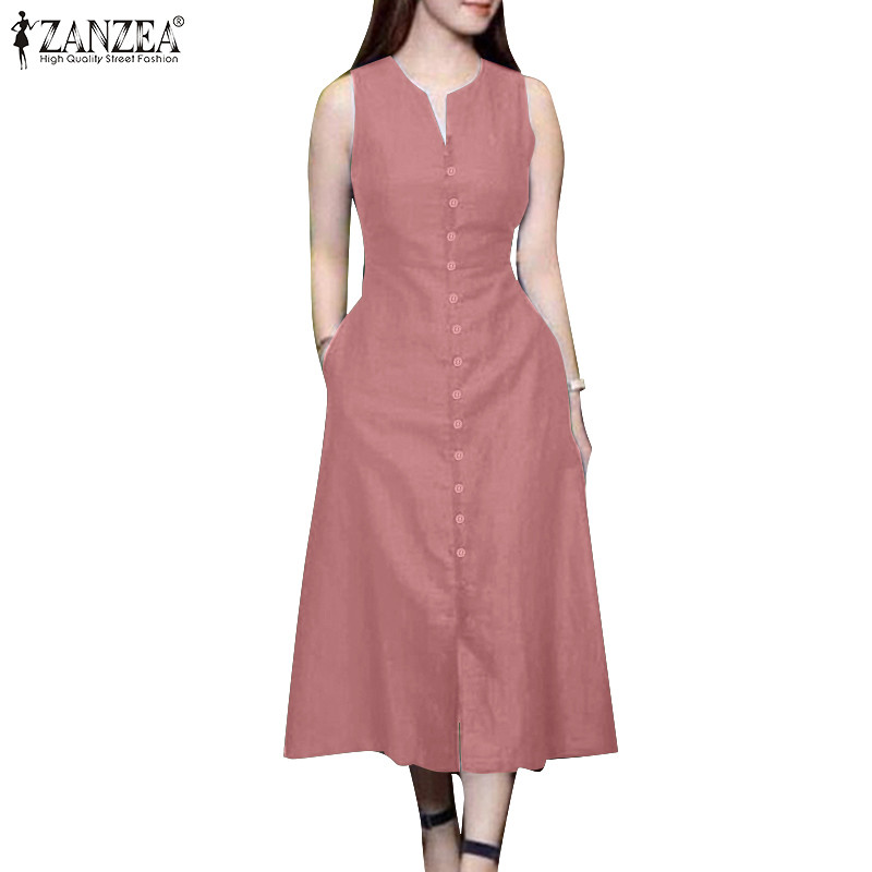 Zanzea ผู้หญิงเกาหลี Ladylike V คอปุ่มตกแต่งด้วยกระเป๋าชุด Midi แขนกุด