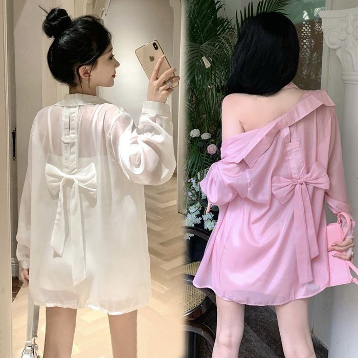 เสื้อผ้าป้องกันแสงแดด เสื้อเชิ้ตผ้าชีฟองแขนพัฟไซส์ใหญ่พร้อมโบว์สำหรับการออกไปเที่ยวฤดูร้อน