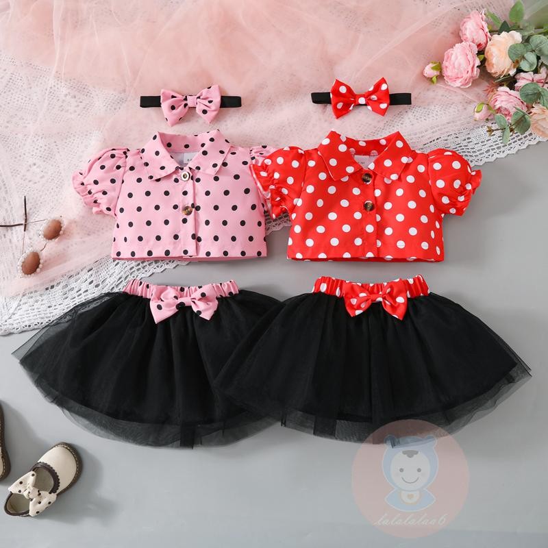 Laa6-baby Girls Letters/Dots Print Bowknot Summer 3 ชิ้น