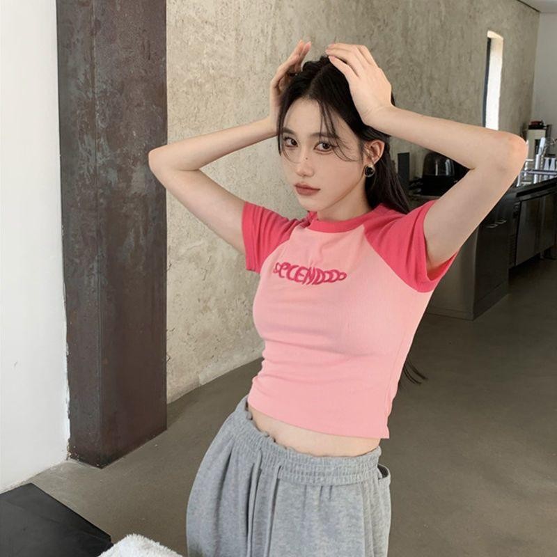 เสื้อยืดครอป สุดน่ารัก เเฟชั่นสไตล์เกาหลี เรียบง่าย สำหรับผู้หญิงใสๆ ใส่ได้ทุกแนว