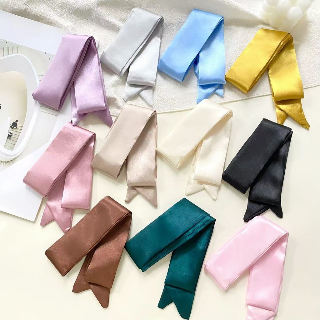 ผ้าพันคอไหมยาวสีพื้นสไตล์เกาหลี INS ผ้าพันคอซาตินหรูหรา โบว์ผูกผม ผ้าพันคอขนาดเล็กอเนกประสงค์