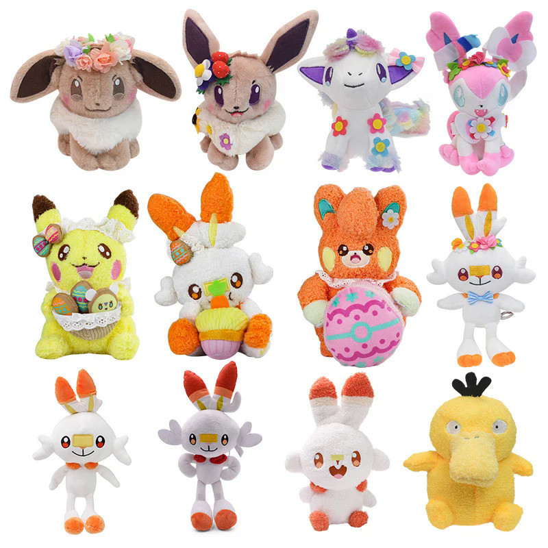 Easter Pokemon Plush Toys Scorbunny Pawmi Pikachu Anima Stuffed Eevee Sylveon Galarian Ponyta Psyduc