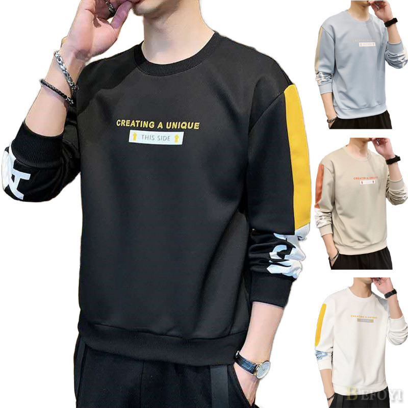 เสื้อฮู้ดผู้ชายแขนยาวหลวมเกาหลีลําลองพิมพ์รอบคอสีดํา www21