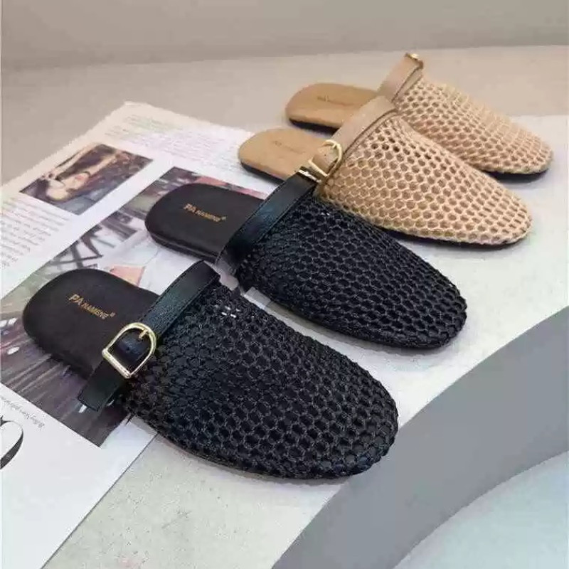 ใหม่ผู้หญิงรองเท้าแตะพื้นแบนแฟชั่นตาข่ายระบายอากาศสวมใส่สบายครึ่งแพ็ครองเท้าแตะ