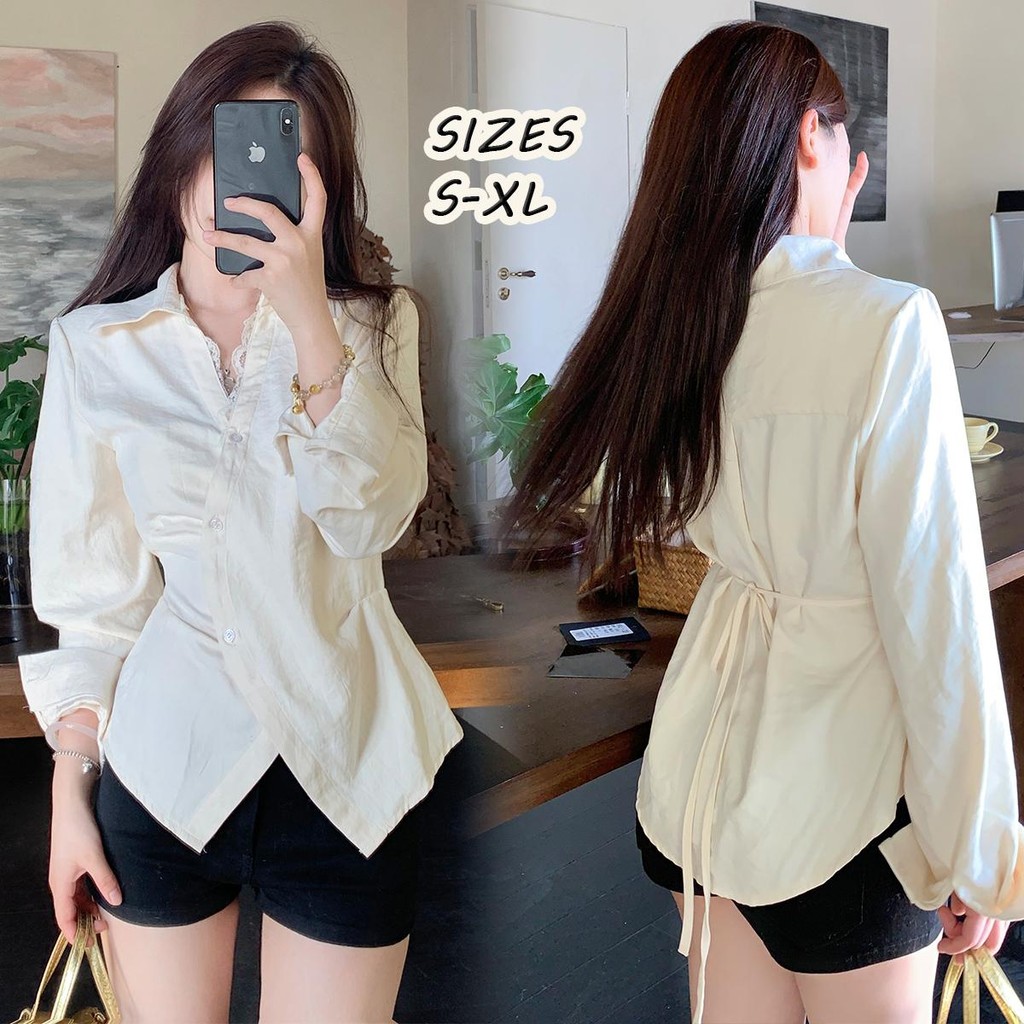 Chili Koko เสื้อเชิ้ตคอวีลูกไม้ฝรั่งเศสสำหรับผู้หญิง เสื้อผูกเอว จับจีบเพื่อความเข้ารูป เสื้อแขนยาว สไตล์ลำลองW576