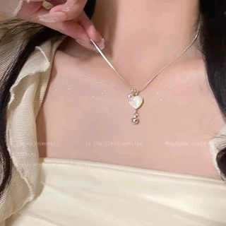 💝เครื่องประดับผู้หญิง💝สร้อยคอจี้เปลือกหอยมุกดาวห้าแฉก&หัวใจ สไตล์เกาหลีสีเงินโซ่ไหปลาร้าไม่ตกสี N196