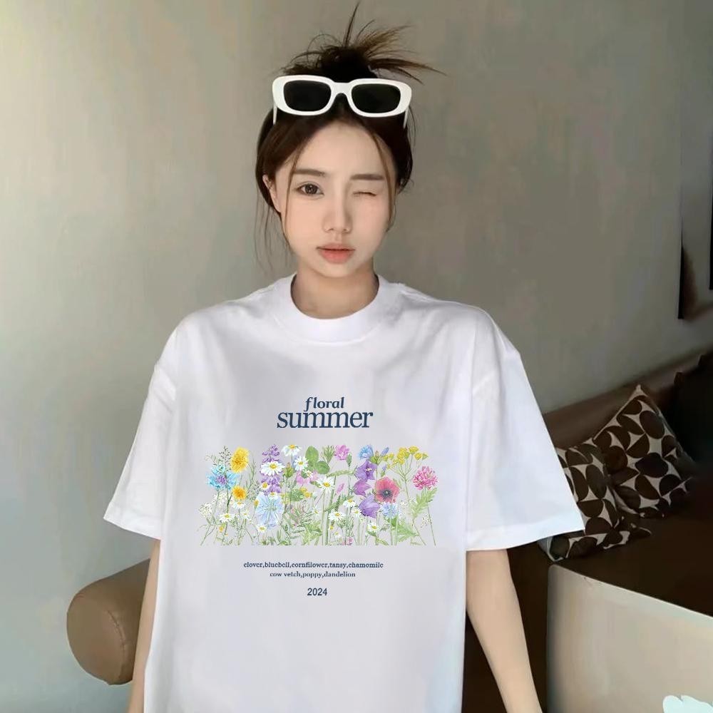 Basi💥เสื้อยืดผู้หญิง เสื้อยืด oversize เสื้อคอกลม เกรดพรีเมียม เสื้อคอตตอน100% ไม่หดตัว ใส่สบาย ลาย FLORAL FLOWERS