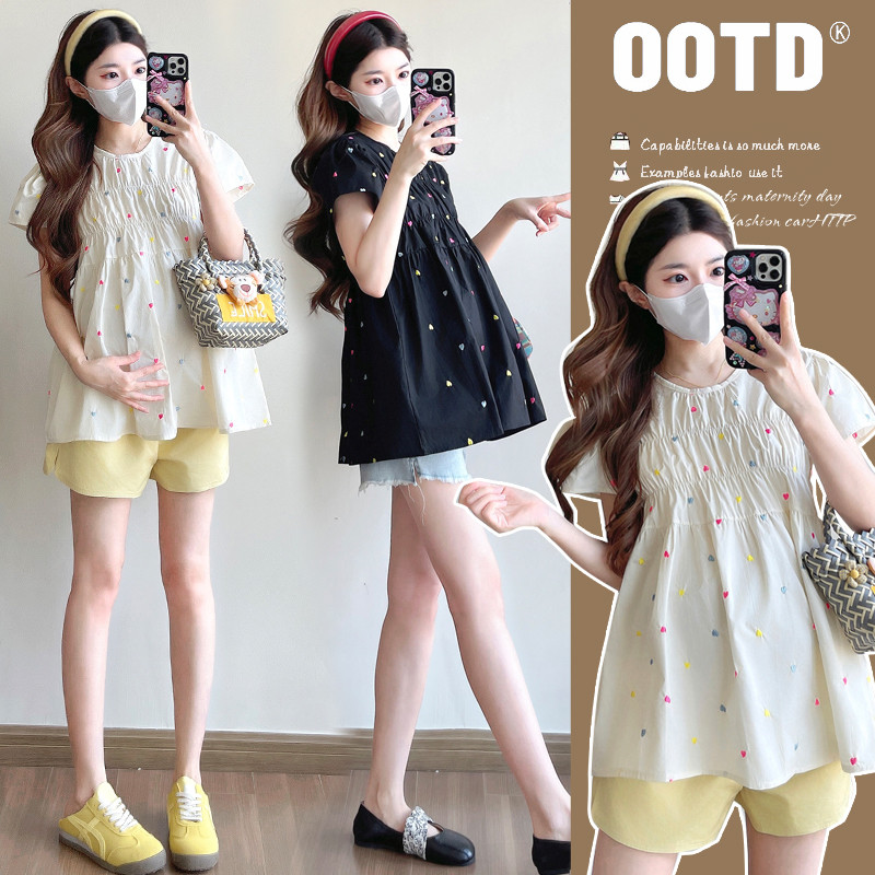 ชุดคลุมท้องฤดูร้อนใหม่ที่มีสีสันหัวใจปักเสื้อแขนสั้นทารกด้านบน