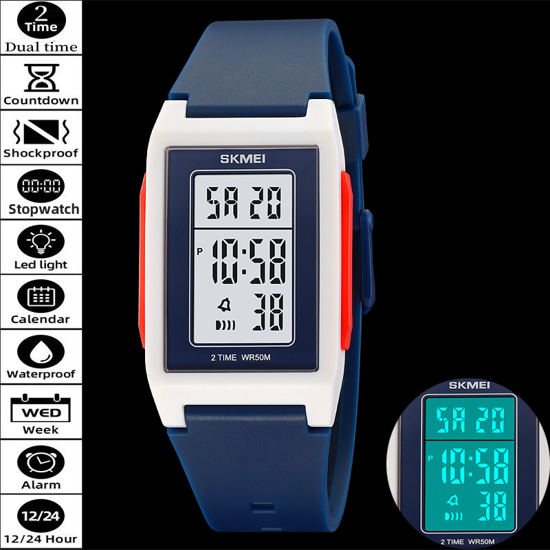 Skmei นาฬิกาดิจิตอล Unisex สําหรับเด็กผู้หญิง Dual Time Zone 50M ว่ายน้ํากันน้ํา LED Chronograph นักเรียนนาฬิกาจับเวลากีฬา