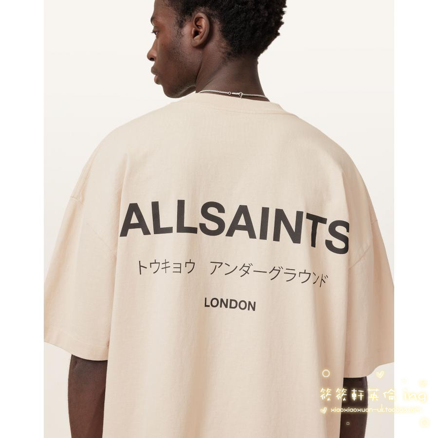 Allsaints Mens Oversize Letter LOGO เสื้อยืดแขนสั้นผ้าฝ้ายพิมพ์ลาย - รูปที่ 6