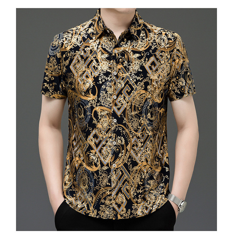 ผู้ชายธุรกิจลําลองหลวมดอกไม้ผ้าไหมน้ําแข็งเสื้อแขนสั้น