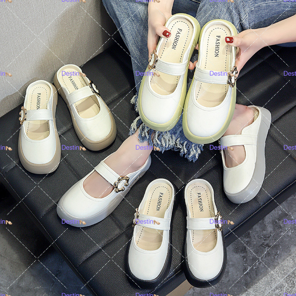 Destin🩰พร้อมส่งจากไทย🛒 (TO-LAN) รองเท้าเเตะแฟชั่นผู้หญิงมาใหม่  รองเท้าแตะสวม สายคาดดีเทลเข็มกลัด สีพาสเทล