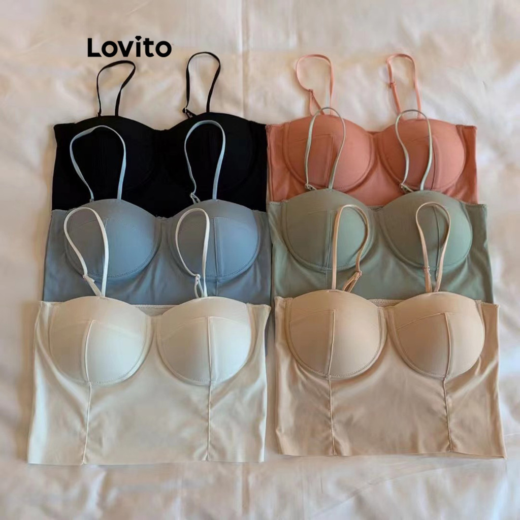 Lovito เสื้อสายเดี่ยวผู้หญิง เอวยางยืด แต่งผ้าเย็บต่อกัน ตีเกล็ดหน้า สีพื้น เซ็กซี่ LBL09187