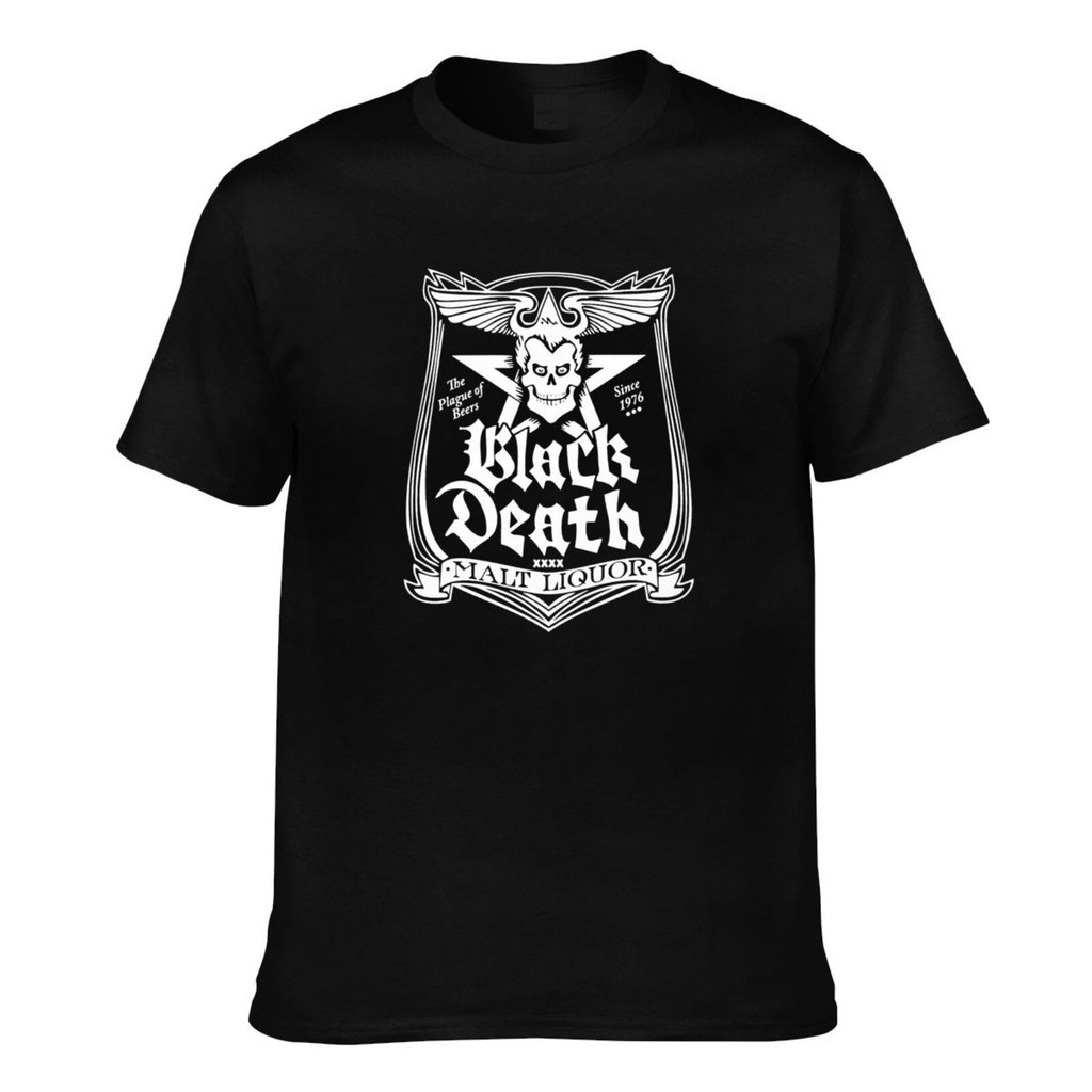 Black Death Malt Liquor Wkrp Johnny Fever สบาย Fit Mens เสื้อยืด Creative
