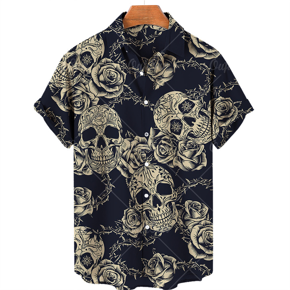 เสื้อเชิ้ตลําลอง พิมพ์ลายหัวกะโหลก Y2k ขนาดใหญ่ สไตล์ฮาวาย แฟชั่นฤดูร้อน สไตล์วินเทจ สําหรับผู้ชาย