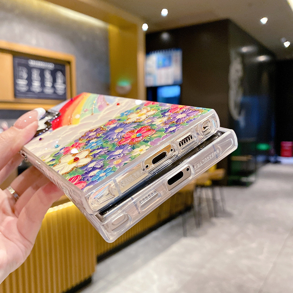 เคสโทรศัพท์มือถือ ซิลิโคนนิ่ม TPU กันกระแทก ลายภาพวาดสีน้ํามัน รูปผีเสื้อ ดอกไม้ พร้อมสายคล้อง และคลิปหนีบ สําหรับ Samsung Galaxy S24 S23 Ultra S23 Plus S24Plus S23Ultra