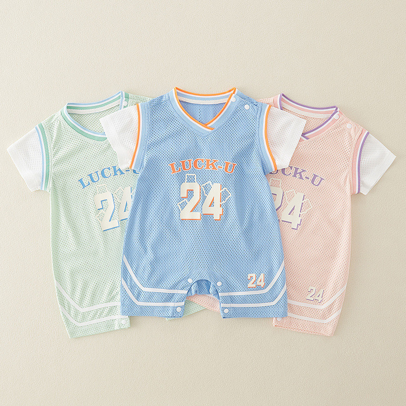 3-9 เดือนเด็กฤดูร้อน Breathable กีฬาสไตล์ชุดบาสเกตบอลแขนสั้น Jumpsuit บางสไตล์ทารก Outing Romper 66 ซม.-90 ซม.