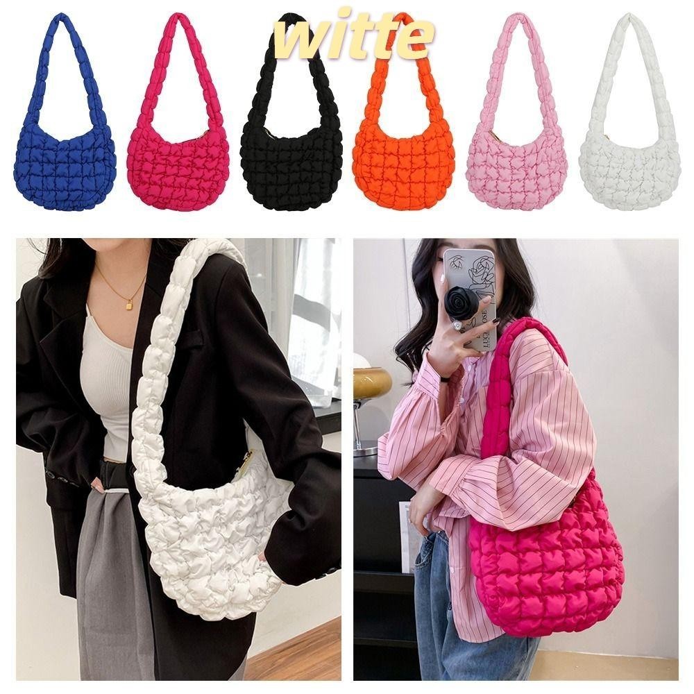 Witte Down Cloud Bag, Shopping Nylon Pleated Bubble Bag, Fashion Information Large Capacity Shoulder Bag Female Girls