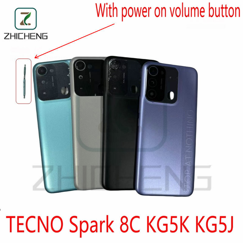 สําหรับ TECNO Spark 8C KG5K KG5J ฝาครอบประตูแบตเตอรี่พร้อมปุ่มปรับระดับเสียงไฟด้านข้างที่เปลือกด้านหลัง