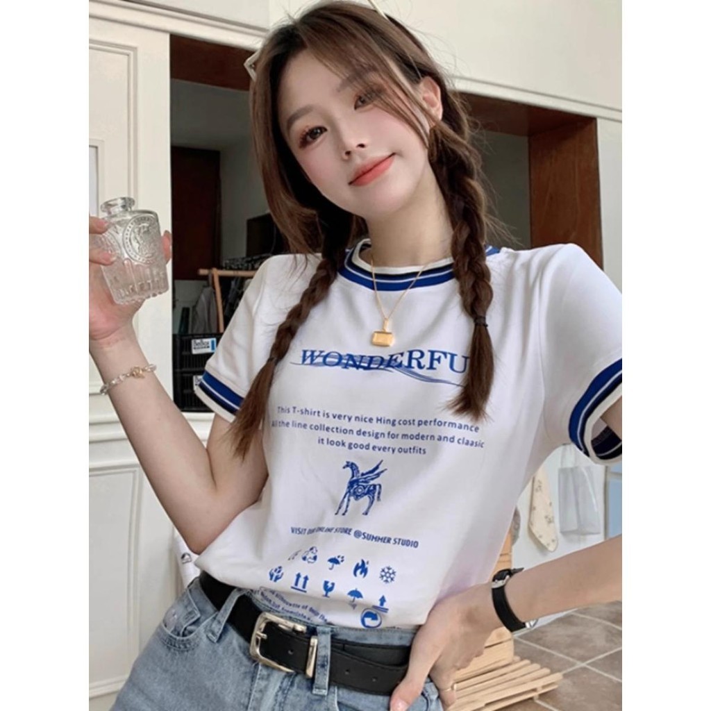 Solovely ผู้หญิง ผ้าฝ้าย เสื้อ สไตล์เกาหลี พิมพ์ลาย หลวม แขนยาว เสื้อยืด