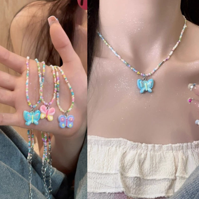 1ชิ้นผู้หญิงน่ารักซอกสร้อยคอมุกที่มีสีสันผีเสื้อกระดูกไหปลาร้าเค้นคอโซ่ของขวัญวันวาเลนไทน์