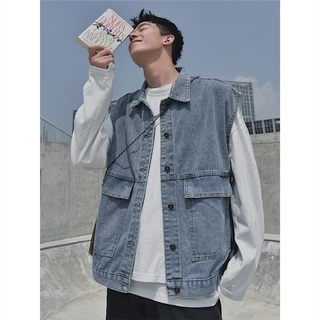 MR-DEER แจ็คเก็ตยีนส์ แขนกุด เสื้อกั๊ก ทรงหลวม กระเป๋าใหญ่ ผู้ชาย รุ่น M8800