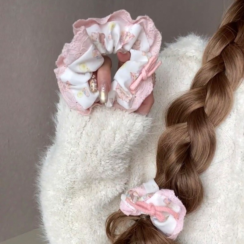Simple ลายสก๊อตดอกไม้ยืดหยุ่นผมขนาดใหญ่ - Elegant Lace Bow Scrunchies - สาวผมหางม้ายางรัดผ้าโพกศีรษะ