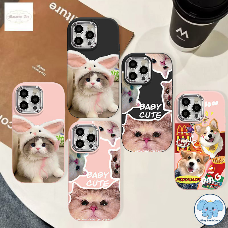 คู่รักการ์ตูนเด็กน่ารักแมวสุนัขเบอร์เกอร์ทอดเคสเลนส์โลหะชุบหรูหรา iPhone 11 13 12 XR 14 15 Pro Max SE X XS Max 7 8 Plus
