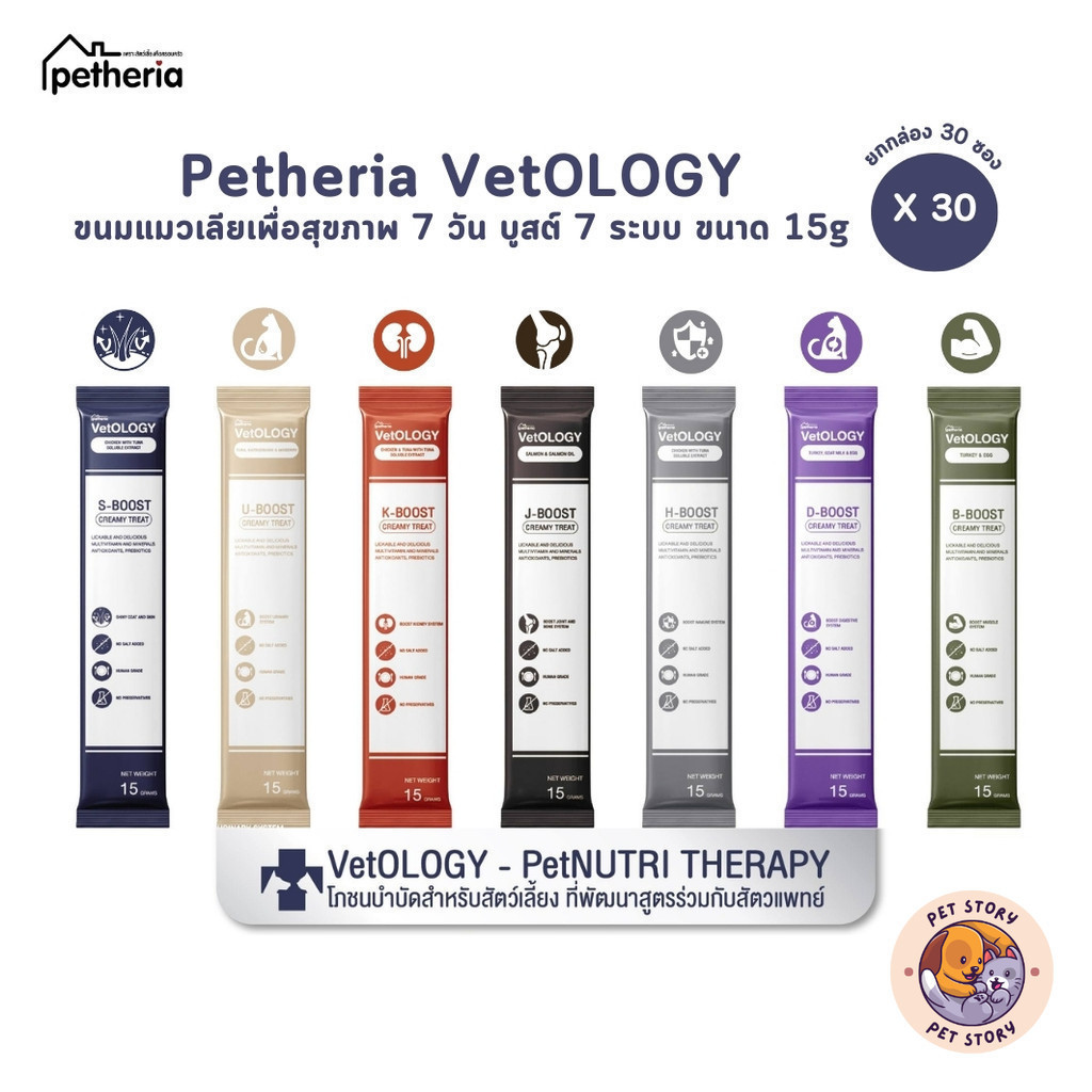 Petheria Vetology [ยกกล่อง 30 ซอง] ขนมแมวเลียเพื่อสุขภาพ 7 วัน บูสต์ 7 ระบบ ขนาด