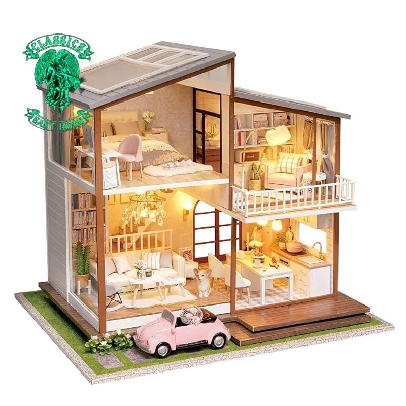 Hello there, on 1/24, a set of handmade dollhouse miniature kit featuring a two-story natural house with a Corgi dog and accessories such as a pink car and chandelier is available. The set includes LED lights and an acrylic case.