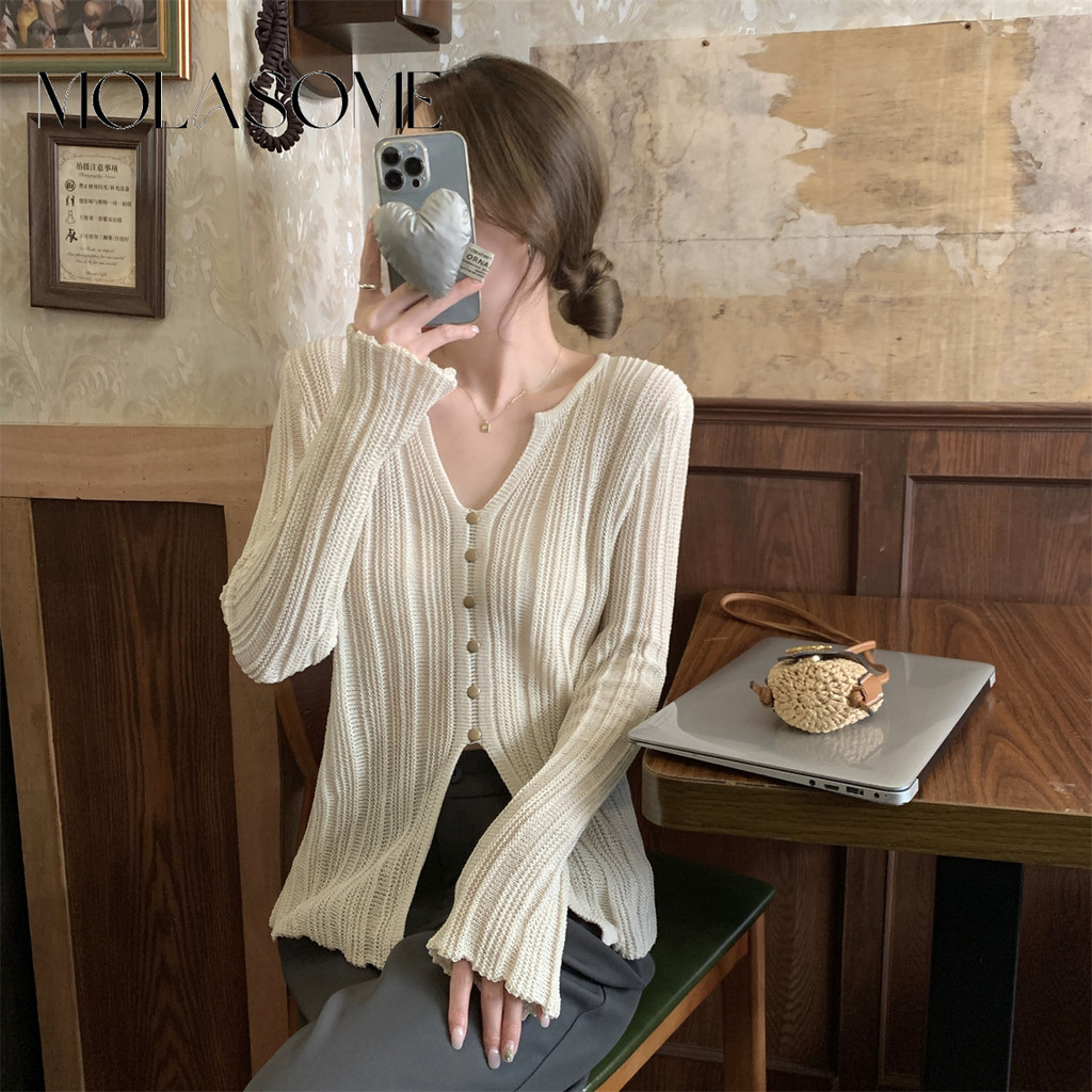 Molasome ผู ้ หญิง 2024 Design V คอแขนยาวถักหลวม Slim Casual Top