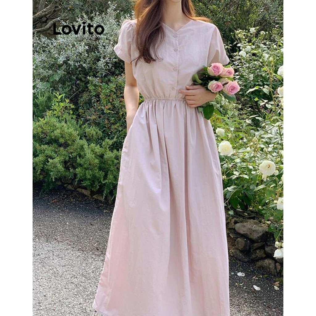 Lovito ชุดเดรสผู้หญิง กระดุมหน้า สีพื้น สไตล์ลำลอง LNE49076