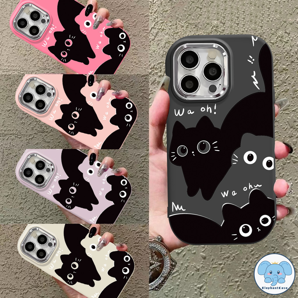 การ์ตูนง่าย ๆ สีขาวลูกแมวเหมียวสีดำการชุบเพื่อความหรูหรา iPhone 11 15 XR 13 12 7Plus 14 Pro Max SE X XS Max 7 8 Plus