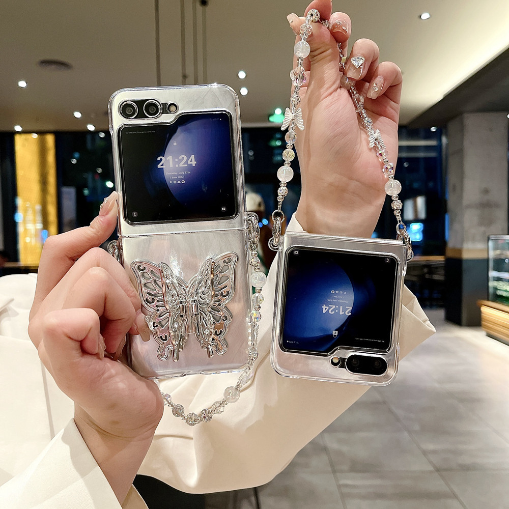 Clear Aesthetic Luxury สําหรับ Samsung Galaxy Z Flip 5 4 3 การออกแบบที่สวยงาม Hard PC ผีเสื้อ Zflip3 Flip4 Flip5 พร้อมโซ่เคสโทรศัพท์