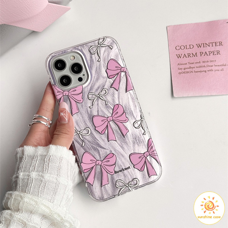 ใหม่เคสโทรศัพท์มือถือผ้ากอซขนนกเลเซอร์โบว์สีชมพู ไอโฟน11 For iPhone12 13 14 15 11Pro MAX X XS 6 7 8Plus SE20 เคสโทรศัพท์
