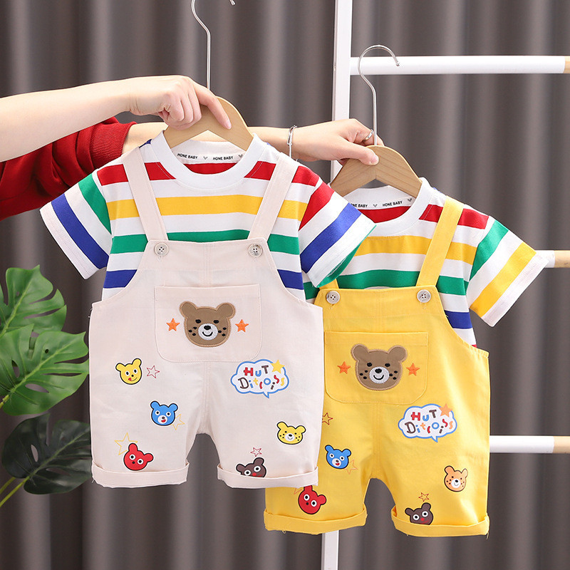 ฤดูร้อนใหม่เสื้อผ้าเด็กชายหญิงเสื้อยืดแขนสั้น + ชุดเอี๊ยม 2 ชิ้นชุด 0-36 เดือนทารกบางแฟชั่นหล่อการ์ตูนชุด