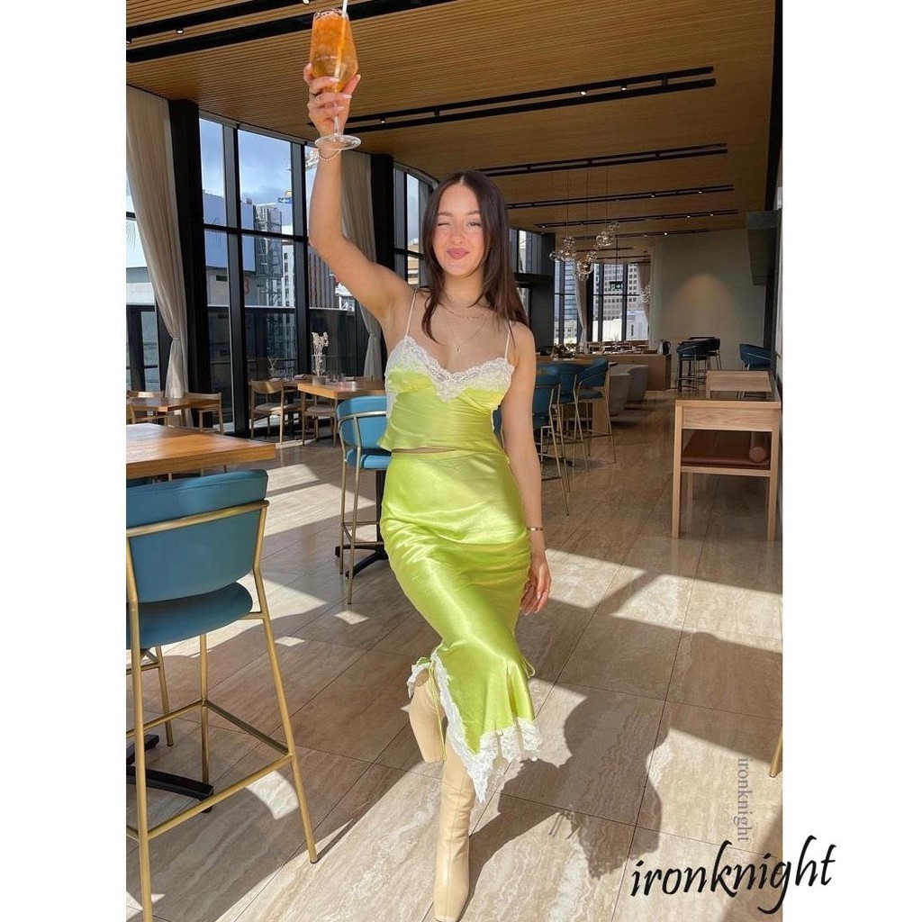 Ironknight-women Off Shoulder Floral Sling Vest + Long Split Hem Lace Skirt Suit