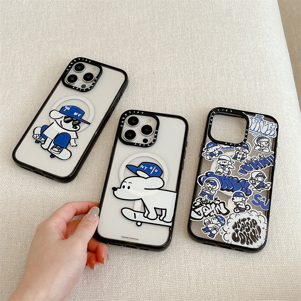 Casetifg สเก็ตบอร์ดสุนัขรูปแบบชาร์จแม่เหล็กเคสโทรศัพท์พร้อมกล่องสําหรับ iPhone 12 13 14 15 Pro Max 15 14 Plus Clear กันกระแทกป้องกันกรณีซิลิโคนอะคริลิคปกหลัง