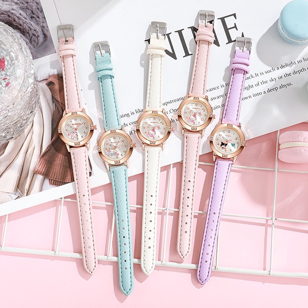 Sanrio Kuromi Melody นาฬิกาควอตซ์สําหรับเด็กผู้หญิง Hello Kitty Cinnamoroll Rose Gold Diamond Stundet นาฬิกาสําหรับเพื่อน