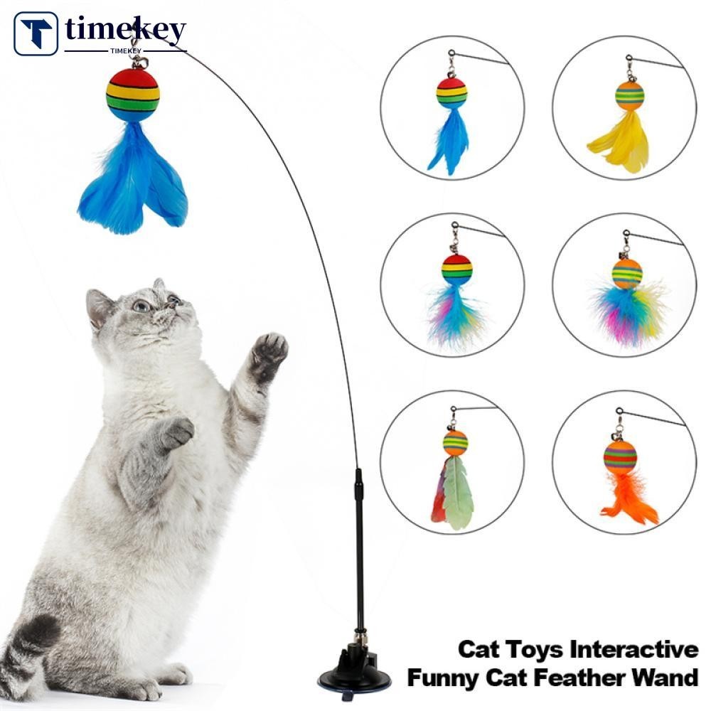 Timekey Interactive Cat Toy Feather Ball Teaser Wand Bell Stick อุปกรณ์สัตว์เลี้ยงลูกแมว A9Y7
