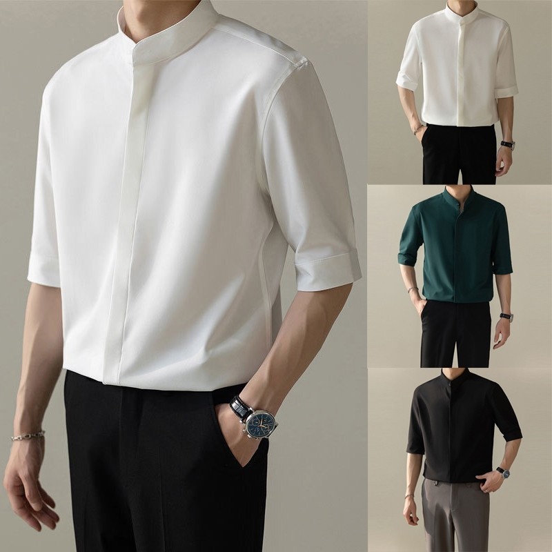 เสื้อเชิ้ตลําลอง คอตั้ง เข้ารูป แฟชั่นฤดูร้อน สําหรับผู้ชาย