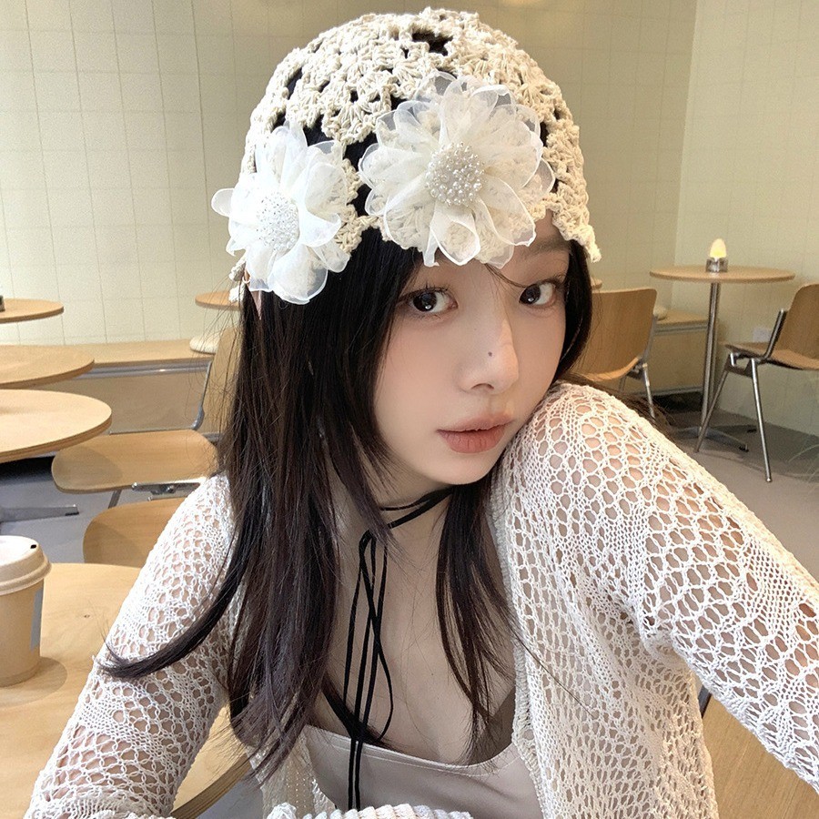 เกาหลีบางโครเชต ์ Pile หมวกหญิงฤดูร ้ อนลูกไม ้ ดอกไม ้ Beanies หมวก