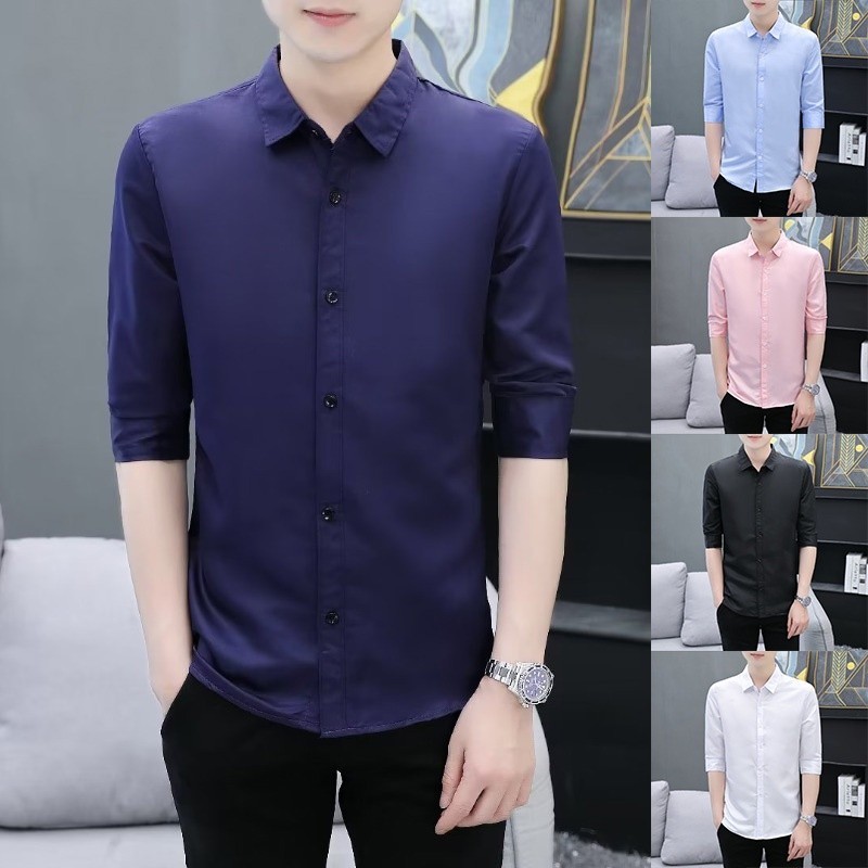 [5 สี] เสื้อเชิ้ตแขน 3 4 ส่วน ลําลอง สีพื้น เรียบง่าย สไตล์เกาหลี สีขาว สีกรมท่า สีดํา สีฟ้าอ่อน สีชมพู สําหรับผู้ชาย