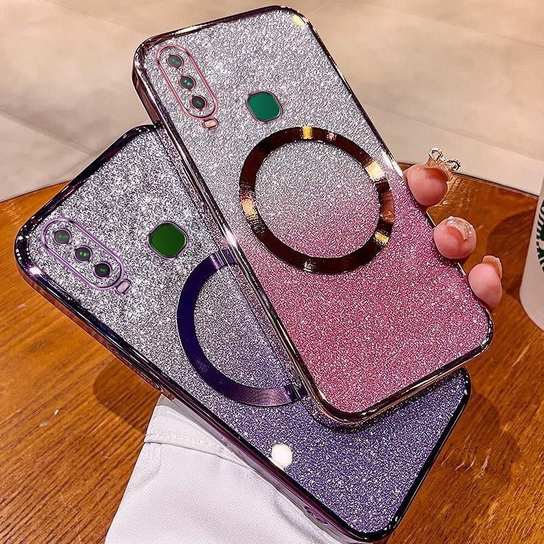เคส vivo y11 y12 y15 y17 y19 เคสกลิตเตอร์ชุบหรูหรา เคสโทรศัพท์กลิตเตอร์ชุบพร้อมแม่เหล็กดูดและเลนส์ป้องกันการตกสําหรับครอบคลุมเต็มรูปแบบ เคสโทรศัพท์ vivo y11 y12 y15 y17 y19