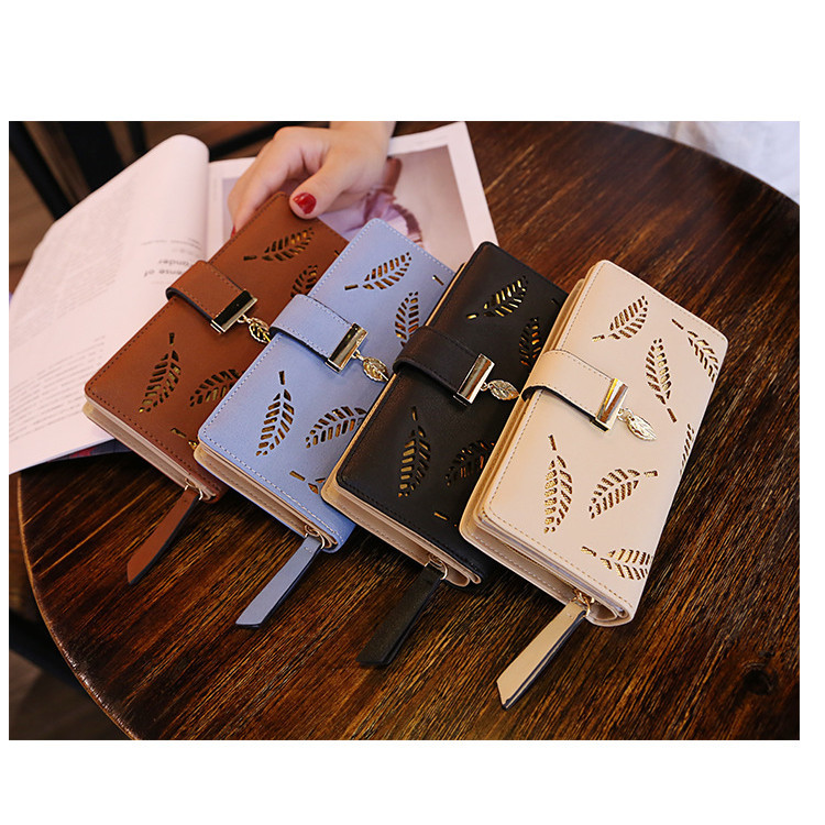 กระเป๋าสตางค์ใบยาวผู้หญิงแฟชั่น Hollowed-out Leaf-Shaped Zipper Hasp Wallet